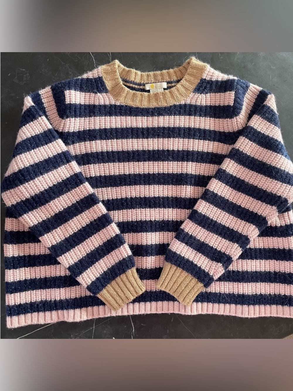 Boden Sparkle Striped Crewneck Sweater in Pink, Navy & Tan, Wool blend, Sz 8(M)